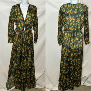 Missord Vibrant Peacock Long Sleeve Sheer Dress size Large